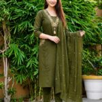 Premium Olive Green Embroidered Cotton 3-Piece Suit Set