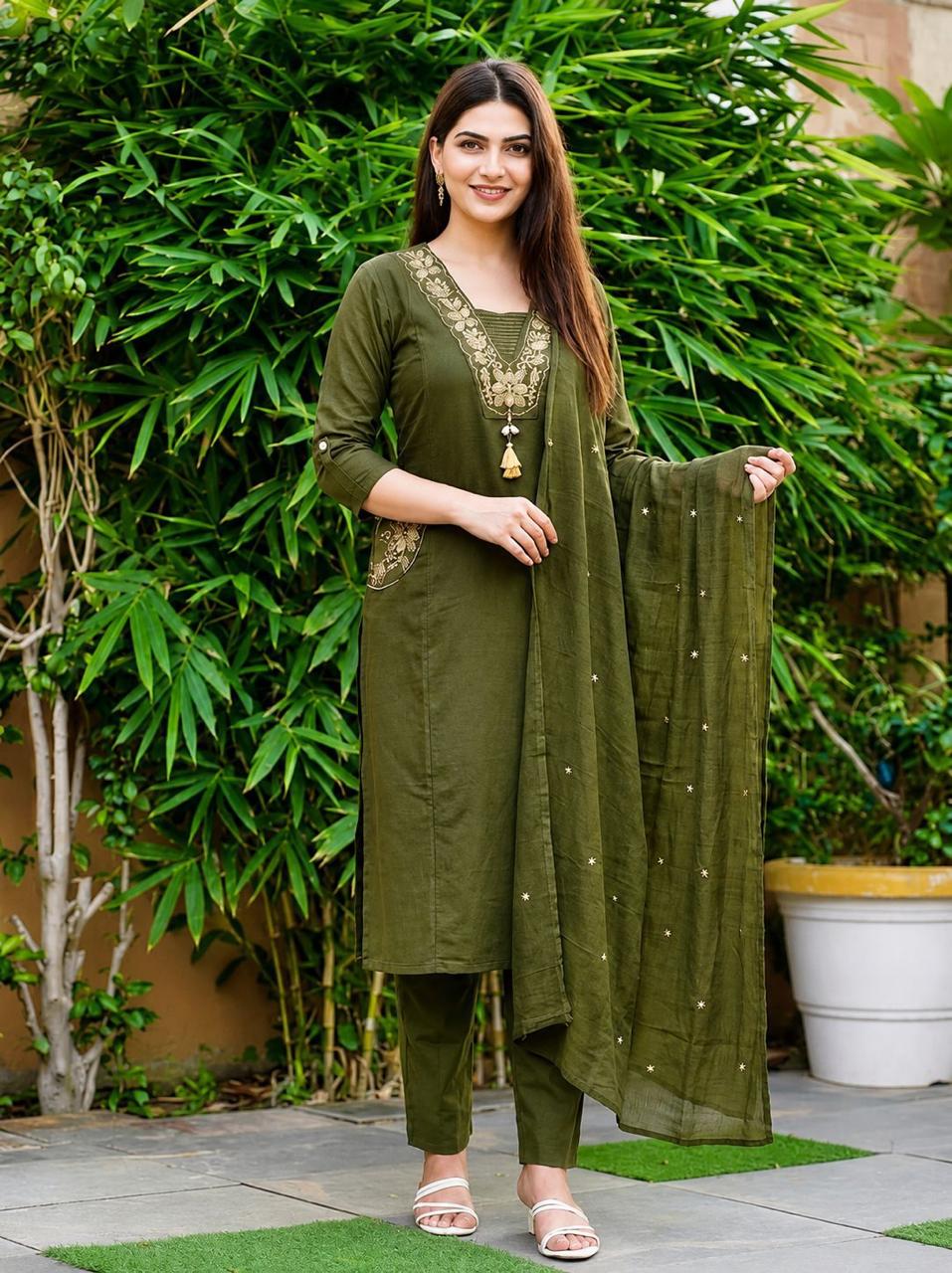 WhatsApp Image 2026-09-11 at 17.29.58 Premium Olive Green Embroidered Cotton 3-Piece Suit Set - Image 1