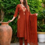 Rust Orange Embroidered Cotton 3-Piece Suit Set