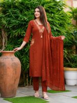 Rust Orange Embroidered Cotton 3-Piece Suit Set