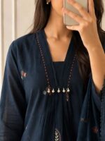 Premium Navy Blue Embroidered Cotton Kurta Pant Dupatta Set for Women - Image 6