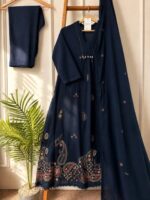 Premium Navy Blue Embroidered Cotton Kurta Pant Dupatta Set for Women - Image 5