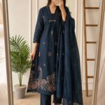Premium Navy Blue Embroidered Cotton Kurta Pant Dupatta Set for Women