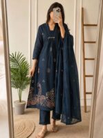 Premium Navy Blue Embroidered Cotton Kurta Pant Dupatta Set for Women