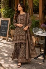 Premium Brown Printed Cotton Kurta Palazzo Dupatta Set for Women - Image 2