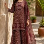 Premium Brown Printed Cotton Kurta Palazzo Dupatta Set for Women
