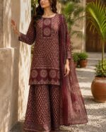 Premium Brown Printed Cotton Kurta Palazzo Dupatta Set for Women