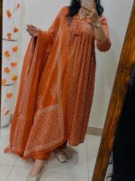Premium Orange Printed Cotton Kurti Pant Dupatta Set