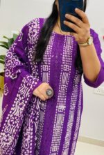 Premium Purple Printed Cotton Kurti Pant Dupatta Set for Women - Image 2