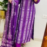 Premium Purple Printed Cotton Kurti Pant Dupatta Set for Women