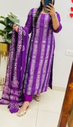 Premium Purple Printed Cotton Kurti Pant Dupatta Set for Women