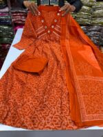 Premium Orange Printed Cotton Kurti Pant Dupatta Set - Image 2