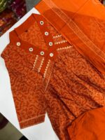 Premium Orange Printed Cotton Kurti Pant Dupatta Set - Image 3