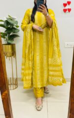 Premium Mustard Yellow Printed Cotton Kurti Pant Dupatta Set - Image 3