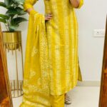 Premium Mustard Yellow Printed Cotton Kurti Pant Dupatta Set