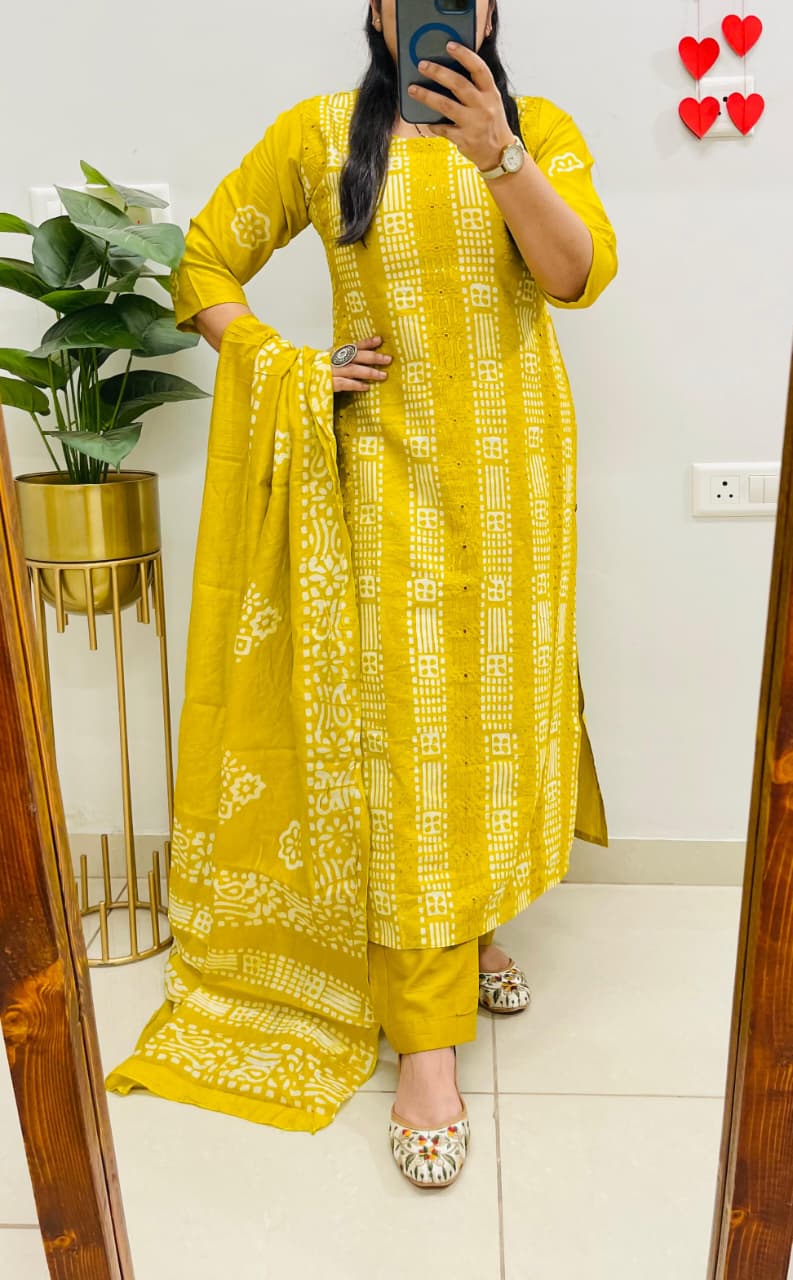 WhatsApp Image 2026-09-12 at 11.53.58 Premium Mustard Yellow Printed Cotton Kurti Pant Dupatta Set - Image 1