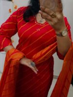 Premium Red & Orange Rayon Kurti Pant with Dupatta Set - Image 3