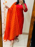 Premium Red & Orange Rayon Kurti Pant with Dupatta Set - Image 2