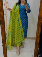 Premium Blue & Green Rayon Kurti Pant Dupatta Set