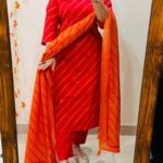 Premium Red & Orange Rayon Kurti Pant with Dupatta Set