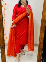 Premium Red & Orange Rayon Kurti Pant with Dupatta Set