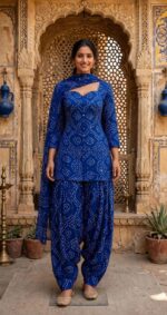 Premium 3-in-1 Cotton Bandhani Farshi Suit Set – Royal Blue, Purple & Rani Pink - Image 4