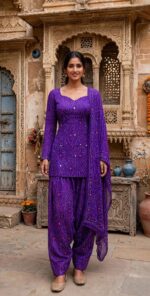 Premium 3-in-1 Cotton Bandhani Farshi Suit Set – Royal Blue, Purple & Rani Pink - Image 2