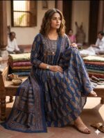 Ajrakh Anarkali Palazzo Suit with Dupatta – Handwork & Mirror Work - Image 3