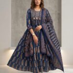 Ajrakh Anarkali Palazzo Suit with Dupatta – Handwork & Mirror Work