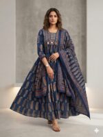 Ajrakh Anarkali Palazzo Suit with Dupatta – Handwork & Mirror Work