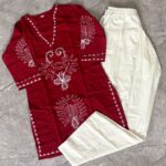 Embroidered Kurta Pant Set for Women – Royal Blue & Maroon - Image 2