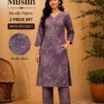 Muslin Floral Printed 2 Piece Kurti Pant Set with Pocket