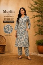 Muslin Floral Printed 2 Piece Kurti Pant Set with Pocket - Image 12