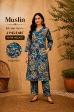 Muslin Floral Printed 2 Piece Kurti Pant Set with Pocket - Image 11