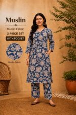Muslin Floral Printed 2 Piece Kurti Pant Set with Pocket - Image 9
