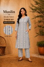 Muslin Floral Printed 2 Piece Kurti Pant Set with Pocket - Image 5