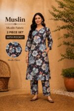 Muslin Floral Printed 2 Piece Kurti Pant Set with Pocket - Image 3
