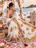 Floral Embroidered Saree – Elegant Floral Border Design | Multiple Colours - Image 2