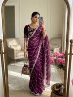 Fandy Satin Saree with Heavy Sequin Embroidery & Beaded Work Blouse - Image 4
