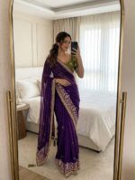 Satin Chiffon Embroidered Saree with Diamond Work & Contrast Blouse - Image 2