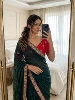 Satin Chiffon Embroidered Saree with Diamond Work & Contrast Blouse - Image 3