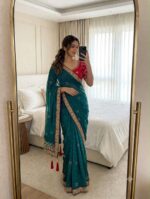 Satin Chiffon Embroidered Saree with Diamond Work & Contrast Blouse - Image 4