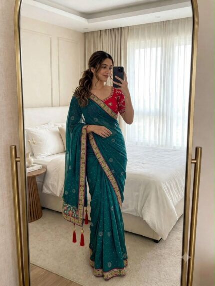 Satin Chiffon Embroidered Saree with Diamond Work & Contrast Blouse