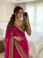 Satin Chiffon Embroidered Saree with Diamond Work & Contrast Blouse - Image 5