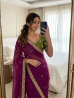 Satin Chiffon Embroidered Saree with Diamond Work & Contrast Blouse - Image 6