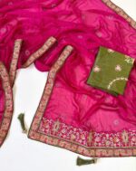 Satin Chiffon Embroidered Saree with Diamond Work & Contrast Blouse - Image 7