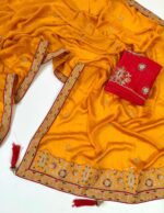 Satin Chiffon Embroidered Saree with Diamond Work & Contrast Blouse - Image 8