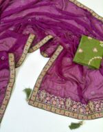 Satin Chiffon Embroidered Saree with Diamond Work & Contrast Blouse - Image 9