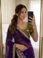 Satin Chiffon Embroidered Saree with Diamond Work & Contrast Blouse - Image 10