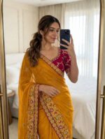 Satin Chiffon Embroidered Saree with Diamond Work & Contrast Blouse - Image 11